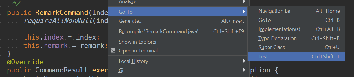 Using the modelContext menu to jump to tests